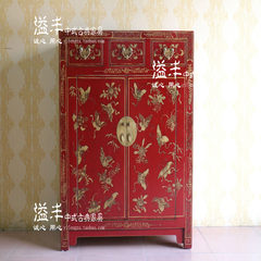 The new Chinese antique furniture wood red gold butterfly storage cabinet painted lacquer cabinets kitchen porch living room cabinet 100X40X109 Double door