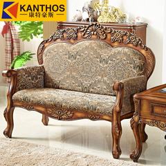 European style small size fabric sofa, pastoral study, double chairs, simple living room balcony, all solid wood American style leisure chair Double Archaize color + high-grade jacquard fabric