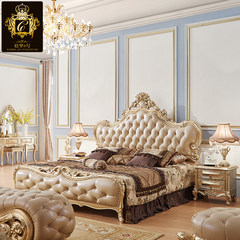 Brand European style leather bed, master bedroom, solid wood bed, princess bed, wedding bed, big house, 1.8 meters 2m bed, golden carved bed Other Makeup Table + makeup mirror Frame structure