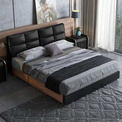 Simple modern leather bed master bedroom 1.8 meters 1.5 black leather storage multifunctional double bed large-sized apartment 1500mm*2000mm Leather bed + bedside cabinet *2 Frame structure