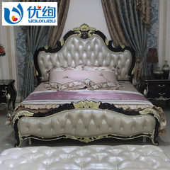 American style solid wood bed, new classical double bed, wedding bed, 1.8 meters head layer, cowhide bed, oak leather bed, European style bed 1800mm*2000mm Double bed (without bedside cabinet) Frame structure