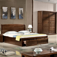 Black walnut wood bed air bed storage bed of new Chinese modern minimalist PK zingana wood double bedroom 1500mm*2000mm Black walnut bed Air pressure structure