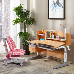 Solid wood children learning table can lift desk, bookshelf, desk, desk, desk chair and desk set 1.2 meters beech +M205/ Pink