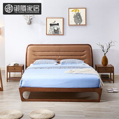 Nordic leather art bed, ash wood solid wood bed, new Chinese style leather bed, soft double bed, 1.5 meters, 1.8 meters bedroom furniture 1500mm*2000mm Single bed [walnut] Frame structure