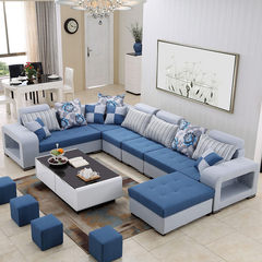 布艺沙发可拆洗大小户型简约现代布沙发转角客厅家具U型组合沙发 三件套（送地毯） 蔚蓝+浅灰