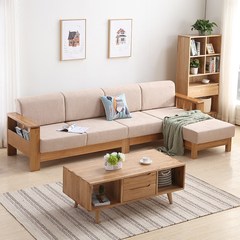 Nordic all solid wood sofa, wood corner sofa, white oak three people, four people cloth sofa, original wooden furniture combination Three person position + step (log color)
