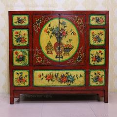 Painted retro, old furniture / hand-painted flowers, red entrance hall cabinet / wooden shoes cabinet / new Chinese antique