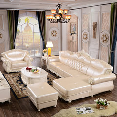 European leather sofa living room large-sized apartment combination skin leather wood monolithic simple European royal angle head layer cowhide combination Single + double + imperial concubine + double handrail unit