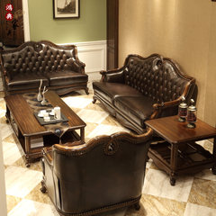 American country furniture sofa, pure solid wood large apartment, living room black walnut sofa combination European style leather sofa Single Coffee