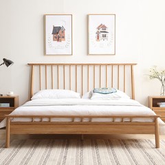Nordic simple lacquer free solid wood bed, all solid wood double bed, white oak master bedroom, wedding wood, wax oil, 1.8/1.5 meters 1500mm*2000mm Wood wax free paint (wood color) strip planking Frame structure