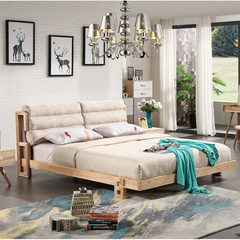The whole wood bed Japanese wax leather fabric, large-sized apartment wooden bed 1.5/1.8 meters double bedroom 1500mm*2000mm Leather bed + coconut coir mattress Frame structure