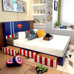 New Superman children leather bed boy 1.5 meters 1.2 storage pouch young single Tuochuang large-sized apartment 1200mm*1900mm Three drawers of leather bed + mattress and pneumatic belt