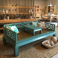 The new Chinese arhat bed old elm arhat bed table retro Chinese antique furniture Chinese style bed couch arhat bed Ultramarine blue bed + coffee table More than 2 meters