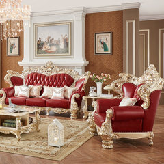 Luxury European style leather sofa, 123 sets of living room, luxurious American style leather art, three people sofa, solid wood carved furniture combination Luxury European gold foil sofa double position