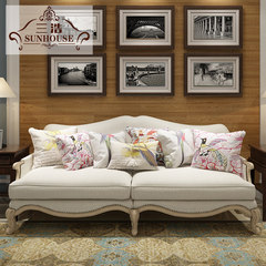 American retro sofa combination 1+2+3 small living room, economic solid wood cloth sofa three people combination Ordinary money