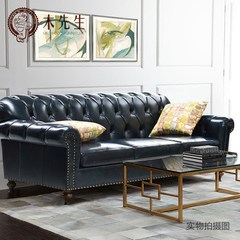 Mr. wood American modern custom furniture, living room, leather sofa head layer, cowhide three person / double sofa combination Three people Navy Blue
