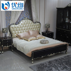 New classic solid wood bed, European style leather bed, soft bed, 1.8 meter wedding bed, cowhide art bed, American double bed 1800mm*2000mm Bed + bedside cabinet *2 Frame structure