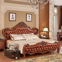 American style solid wood bed double bed leather bed master bedroom dark furniture classical leather bed bed 1800mm*2000mm Full real wood carving, Italian head layer, yellow leather Frame structure