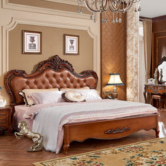 1 meters, 8 European and American double beds, all solid wood beds, leather beds, classical dark furniture, master bedroom, American style leather bed 1800mm*2000mm Full real wood carving, Italian head layer, yellow leather Frame structure