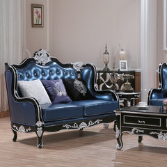 All solid wood, new classical sofa sofa, Nordic sofa, European style sofa, carved American style luxury sofa furniture Single Black silver single (blue skin).
