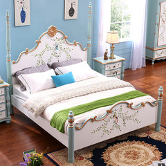 Small clean painted American country solid wood bed, Mediterranean bed master bedroom, European style bed double bed, 1.8 meters princess bed 1500mm*2000mm Handmade painted bed Frame structure
