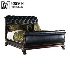 As a Home Furnishing pure American traditional European Wooden Sleigh Bed carved leather bed bedroom luxury villa bed 1800mm*2000mm Customized drawings Frame structure