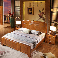 Modern simple Chinese solid wooden bed Zhuwo 1.8 meters storage carved bed 1.5M rubber double oak bed 1500mm*2000mm Beech color +06 bedside cabinet *2 Air pressure structure