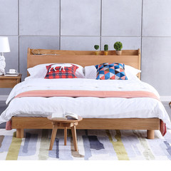 Nordic white oak Japanese style furniture creative socket 1.5 1.8 meters solid wood bed simple modern adult double bed 1500mm*2000mm Varnish wood color Frame structure