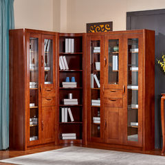 Modern Chinese style wooden bookcase with a glass door free combination corner bookcase 2 door 3 door shelf library furniture Tea red 1.2-1.4 meters wide