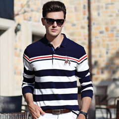 Autumn stripe yarndyed thickened long sleeved t XL MENS SHIRT Paul Lycra cotton T-shirt Lapel long sleeved POLO shirt 3XL 91 white