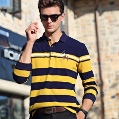 Autumn stripe yarndyed thickened long sleeved t XL MENS SHIRT Paul Lycra cotton T-shirt Lapel long sleeved POLO shirt 3XL 91 yellow