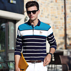 Autumn stripe yarndyed thickened long sleeved t XL MENS SHIRT Paul Lycra cotton T-shirt Lapel long sleeved POLO shirt XL 90 blue