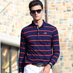 Autumn stripe yarndyed thickened long sleeved t XL MENS SHIRT Paul Lycra cotton T-shirt Lapel long sleeved POLO shirt 3XL 85 red