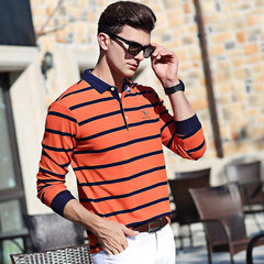 Autumn stripe yarndyed thickened long sleeved t XL MENS SHIRT Paul Lycra cotton T-shirt Lapel long sleeved POLO shirt 3XL 88 orange