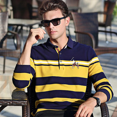 Playboy mid aged men short sleeved T-shirt, lapel mercerized cotton, Dad fitted loose big stripe striped Polo shirt summer 190 [recommendation 190-205 Navy