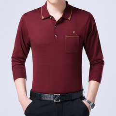Middle aged men's long sleeved T-shirt, autumn outfit polo shirt, Dad installed in the elderly, loose stripe lapel collar, big men's clothing 170/110 recommends 120-145 Jin Wine red -661