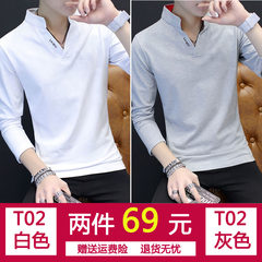 Long sleeve polo shirt, men's shirt collar, Paul's men's clothing, pure cotton Korean Edition, daily bottoming shirt, pure color T-shirt, autumn clothes tide 3XL T02 white +T02 gray