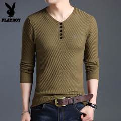 2017 Playboy autumn new product men's long sleeved T-shirt V collar pure color Korean style cotton shirt POLO shirt 175 for 130 to 150 catties The 9921 camel long sleeve