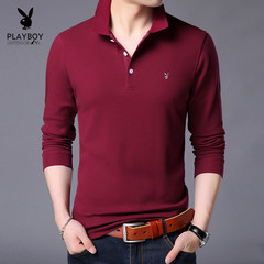 Playboy men's long sleeve T-shirt, autumn cotton lapel, self cultivation, pure color T-shirt, polo shirt top coat 170/84A Claret