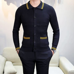 2017 autumn and winter slim knit sweater cardigan coat Gentlemanliness high elastic fabric retro male polo shirt 3XL Black cardigan