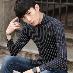 Autumn Korean teenagers long sleeved shirt male stripe casual shirt business men's fashion trend of iron shirt 3XL 221 black