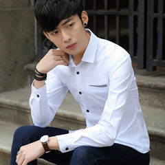 New autumn men's long sleeve shirt, Korean style stripe shirt, trend youth men's casual Plaid Shirt 3XL 020 white