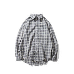 Japanese port fresh wind loose long sleeved Plaid Shirt casual shirt all-match male fall color male thin coat M Grey cashmere