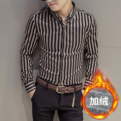 秋季竖条纹长袖衬衫韩版潮流修身男士发型师休闲加绒加厚衬衣冬季 3XL 咖啡色（加绒）