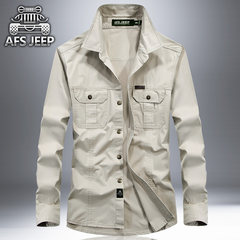AFS JEEP long sleeve shirt, spring and autumn men's casual wear, pure cotton shirt, pure color big code Jeep shirt autumn clothing 3XL Beige