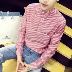 Les T to the autumn student fashion handsome handsome men's shirts striped long sleeved shirt trend of Korean S Red (set head stripe)