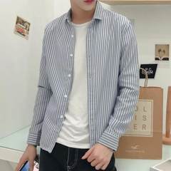 Les T to the autumn student fashion handsome handsome men's shirts striped long sleeved shirt trend of Korean S blue