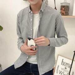 Les T to the autumn student fashion handsome handsome men's shirts striped long sleeved shirt trend of Korean S black