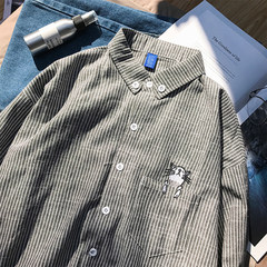 @ Hong Kong, Aberdeen, literary man 2017 autumn new type of cat embroidered striped long sleeve shirt, loose shirt, men's coat M black