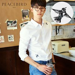 Taiping bird men's 2017 autumn white embroidered long sleeve shirt, self-cultivation youth shirt tide BWCA73121 3XL white